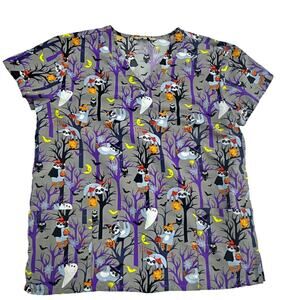 Gabby Brooke Halloween Scrub Top Sloths Owl Ghost Night 2 Pocket LARGE